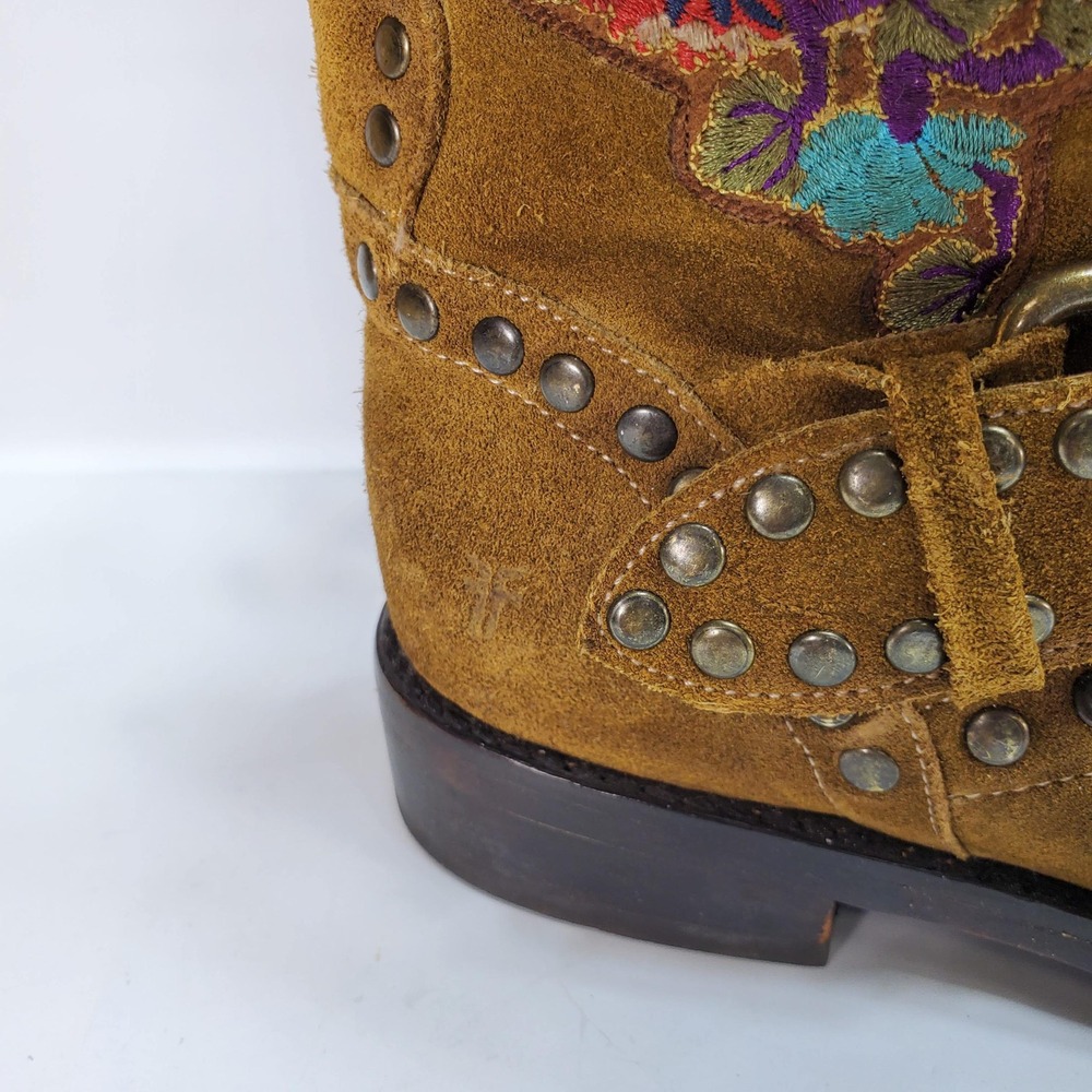 Anthropologie Frye Natalie Studded Embroidered Engineer Boots 7.5 Suede Mid Calf - Picture 4 of 11